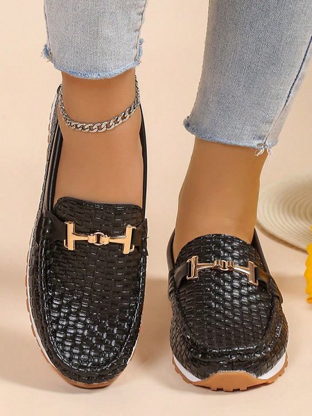 Women Metal Decor Braided Embossed Loafers, Flats, color:Black|size:40, JustFashionNow