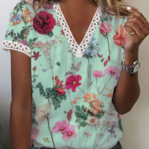 Floral Knitted Casual T-Shirt, T-Shirts, color:Green|size:3XL, JustFashionNow
