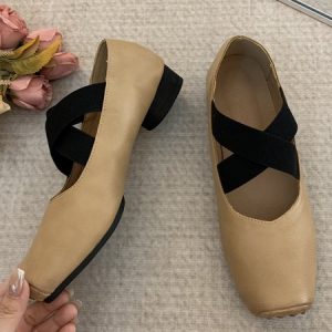 Vintage Rubbed Cross Stripes Block Heel Ballerinas, Flats, color:Khaki|size:39, Stylewe