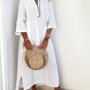 Half Open Collar Buttoned Linen Loose Dress, Dresses, color:White|size:XXL, JustFashionNow