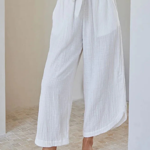 Womens Wide Leg Linen Pants High Waisted Drawstring Flowy Crop Trousers with Pockets, color:White|size:3XL, Lilicloth.com