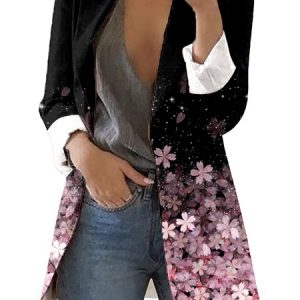 Women's Urban Casual Butterfly Floral Mid Length Blazer Commuting Clothing, Blazers, color:Pink|size:3XL, JustFashionNow