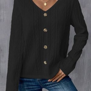 Regular Fit Plain V Neck Casual Shirt, Shirts & Blouses, color:Black|size:XXL, JustFashionNow