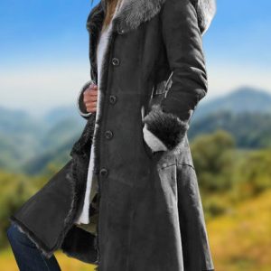 Brown Pockets Vintage Faux Suede Solid Coat, Coats, color:Gray|size:3XL, JustFashionNow