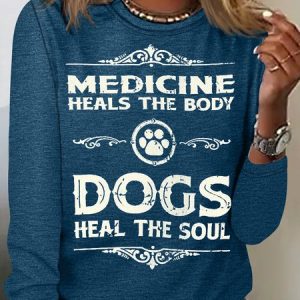 Women's Dogs Heal the Soul Letters Casual Top, color:Blue|size:3XL, Lilicloth.com