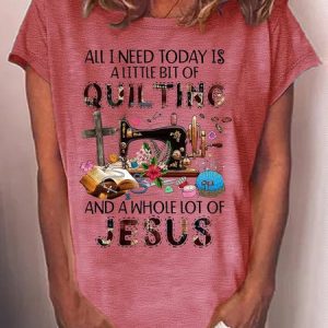 Women's Quilting Christian Crew Neck Casual T-Shirt, color:Pink|size:3XL, Lilicloth.com