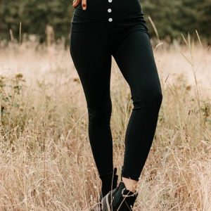 Plain button elastic waist Leggings, Pants, color:Black|size:XXL, JustFashionNow