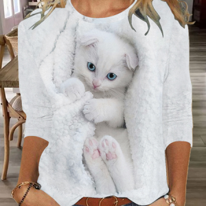 Women's Funny Cat Regular Fit Simple Cat Crew Neck Shirt, color:White|size:3XL, Lilicloth.com