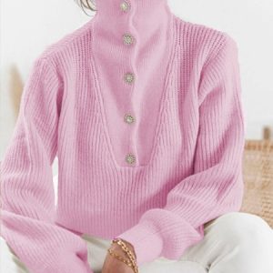 Daily Causal  Plain Buttoned Sweater, Sweaters, color:Pink|size:XXL, Stylewe