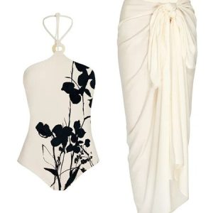 Floral Strapless Elegant Printing One Piece With Cover Up, One-Pieces, color:White|size:XXL, Stylewe