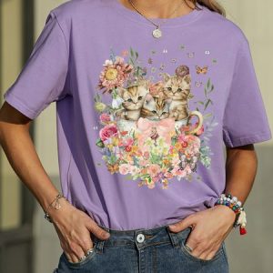 Women's Funny Cat Lover Flower Graphic Printing Crew Neck Casual Cat Loose T-Shirt, color:Purple|size:3XL, Lilicloth.com