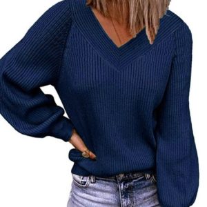 Women Yarn/Wool Yarn Plain Long Sleeve Comfy Casual Sweater, Sweaters, color:Navy Blue|size:3XL, Noracora