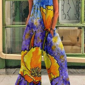 Casual Floral Loose Square Neck Jumpsuit, Jumpsuits＆Rompers, color:Purple|size:3XL, JustFashionNow