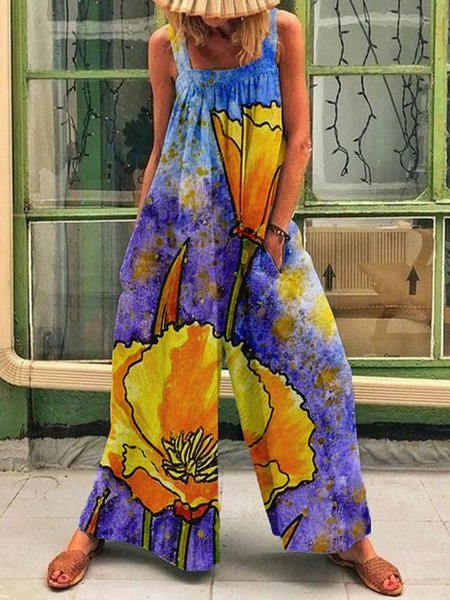 Casual Floral Loose Square Neck Jumpsuit, Jumpsuits&Rompers, color:Purple|size:3XL, JustFashionNow