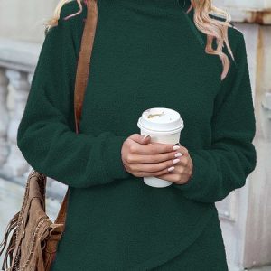 Women Casual Long Sleeve Half Turtleneck Plush Sweatshirt, Sweatshirts & Hoodies, color:Green|size:XXL, JustFashionNow