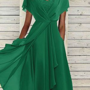 Chiffon Plain Casual Dress, Midi, color:Green|size:XXL, Noracora
