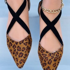 Pink Glitter Leopard Suede Cross Stripes Pointed Toe Flats, Flats, color:Leopard|size:43, JustFashionNow