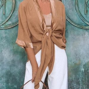 Casual V Neck Loose Plain Kimono, Kimonos, color:Khaki|size:XXL, Stylewe