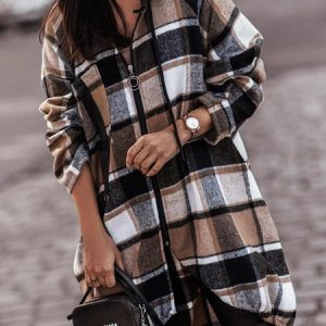 Hoodie Raglan Sleeves Long Sleeve Plaid Zipper Regular Loose Coat For Women, Coats, color:Coffee|size:XXL, Noracora