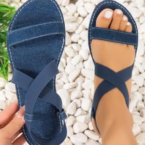 Women Denim Blue Crossover Strap Fastener Slingback Sandals, Sandals, color:Denim Blue|size:42, Noracora