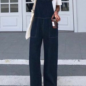 Casual Plain Pockets Buckle Denim Bib Pants, Jumpsuits&Rompers, color:Deep Blue|size:5XL, Noracora