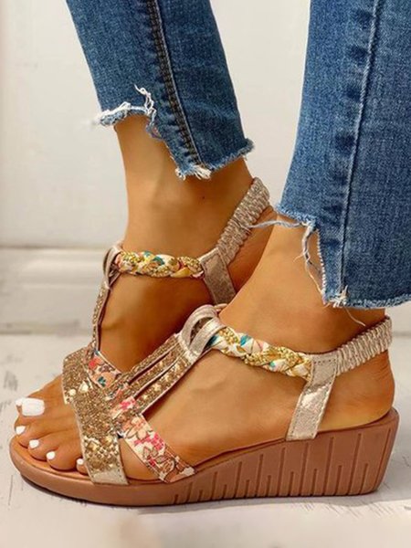 Boho Vacation Rhinestone Braided Beach Sandals, Sandals, color:Golden|size:43, JustFashionNow