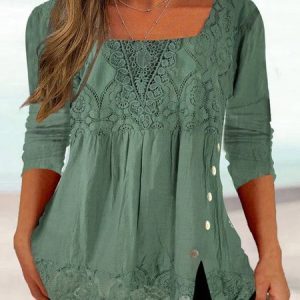 Casual Lace Square Neck Long Sleeve Loose Shirt, Shirts & Blouses, color:Green|size:4X, JustFashionNow