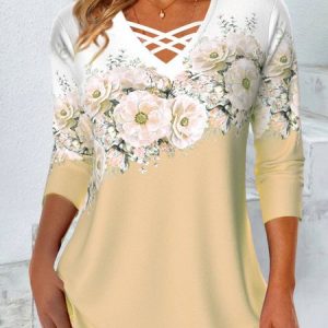 Casual Floral V Neck Long Sleeve T-shirt, T-shirts, color:Yellow|size:XXL, Noracora
