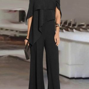 Loose Plain Urban Cold Shoulder Jumpsuit, Jumpsuits, color:Black|size:XXL, Stylewe