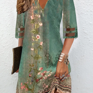 Casual Floral Mesh Loose Dress With No, Dresses, color:Green|size:XXL, JustFashionNow