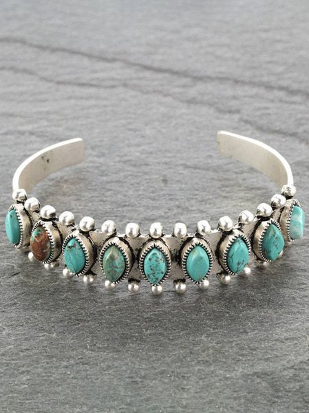 Silver Antique Distressed Inlaid Turquoise Cuff Bracelet Everyday Ethnic Jewelry, Bracelets, color:Silver|size:One-size, JustFashionNow