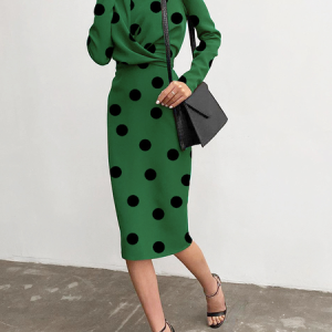 Regular Fit Polka Dots Crew Neck Long Sleeve Elegant Midi Dress, Midi Dresses, color:Green|size:XXL, Stylewe