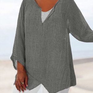 Plus Size Casual Plain Notched Shirt, TOPS, color:Gray|size:4X, Noracora