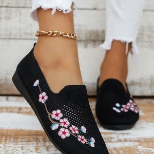 Floral Embroidery Breathable Mesh Fabric Flat Loafers, color:Black|size:43, Lilicloth.com