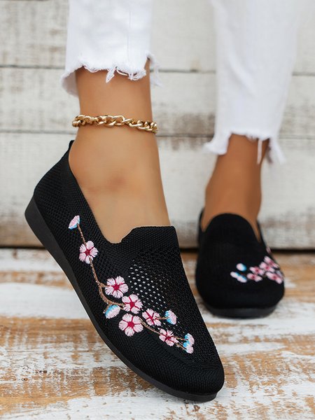 Floral Embroidery Breathable Mesh Fabric Flat Loafers, color:Black|size:43, Lilicloth.com