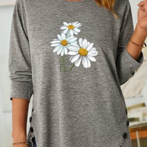 Women's Daisy Print Casual Shirt, color:Gray|size:3XL, Lilicloth.com