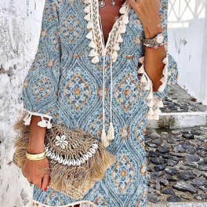 Women Ethnic Half Open Collar Three Quarter Sleeve Comfy Boho Midi Dress, Midi, color:Light Blue|size:3XL, Noracora
