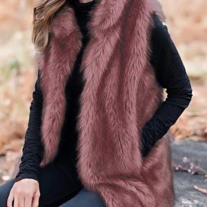 Stand Collar Faux Fur Casual Vest, Vests & Gilets, color:Dusty Pink|size:XXL, JustFashionNow