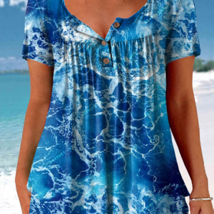 Women's Ocean Print Vocation Casual Crew Neck T-Shirt, color:Blue|size:4XL, Lilicloth.com