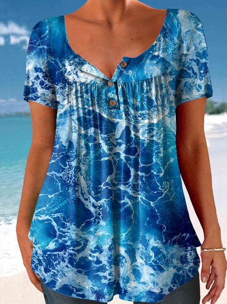 Women's Ocean Print Vocation Casual Crew Neck T-Shirt, color:Blue|size:4XL, Lilicloth.com