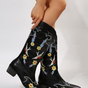 Bird Floral Embroidery Black Leather Western Cowboy Boots, Boots, color:Black|size:43, Stylewe