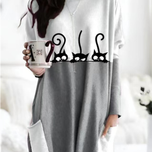 Cat Casual Batwing Sleeve Crew Neck Dress, Dresses, color:Gray|size:XXL, JustFashionNow