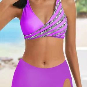 Vacation Striped Printing V Neck Bikini, swimwear>>Bikini Sets, color:Purple|size:XXL, JustFashionNow