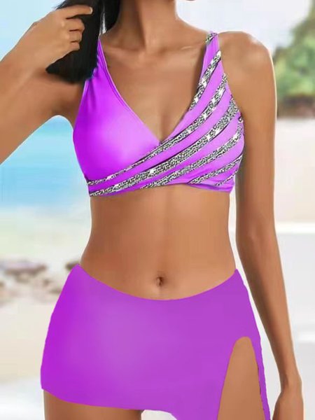 Vacation Striped Printing V Neck Bikini, swimwear>>Bikini Sets, color:Purple|size:XXL, JustFashionNow