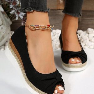 Vacation Bowknot Canvas Peep-Toe Wedge Heel Espadrilles Shoes, Flats, color:Black|size:43, JustFashionNow