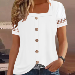 Square Neck Casual Lace Plain Shirt, Shirts & Blouses, color:White|size:XXL, JustFashionNow