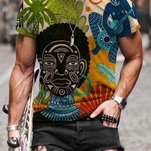 Casual Ethnic Crew Neck T-Shirt, T-Shirts, color:Apricot|size:3XL, JustFashionNow