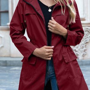 Hoodie Long Sleeve Plain Regular Loose Hooded Trench Coat For Women, Trench coat, color:Wine Red|size:XXL, Noracora