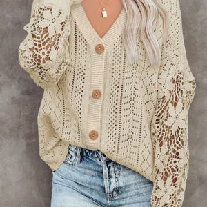 Women Wool/Knitting Lace Long Sleeve Comfy Casual Cardigan, Cardigans, color:Apricot|size:XXL, Noracora