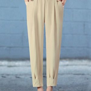 Casual Plain Natural Long Elastic Band Straight Pants, Pants, color:Khaki|size:3XL, Noracora